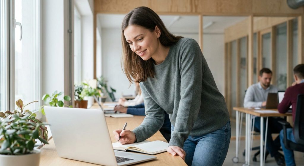 Young adult working at a desk in a bright open-plan office, focused and calm, natural daylight from a side window