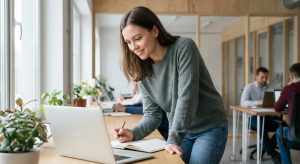 Young adult working at a desk in a bright open-plan office, focused and calm, natural daylight from a side window
