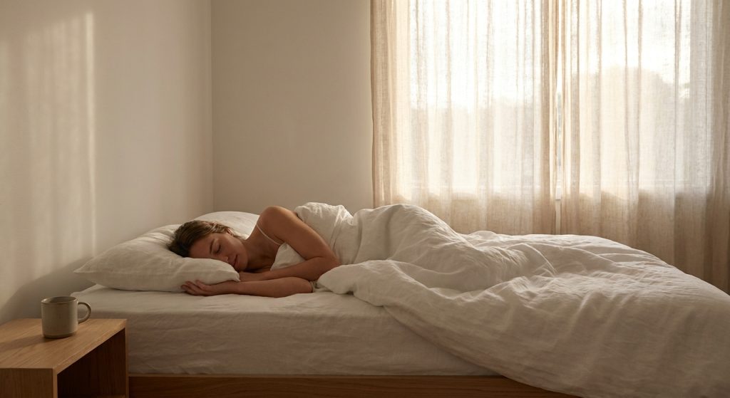 Person sleeping peacefully on their side in a minimalist bedroom with soft morning light through linen curtains