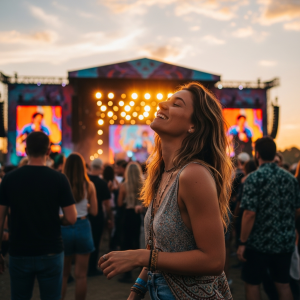 Young woman smiling at an outdoor music festival with stage lights at golden hour