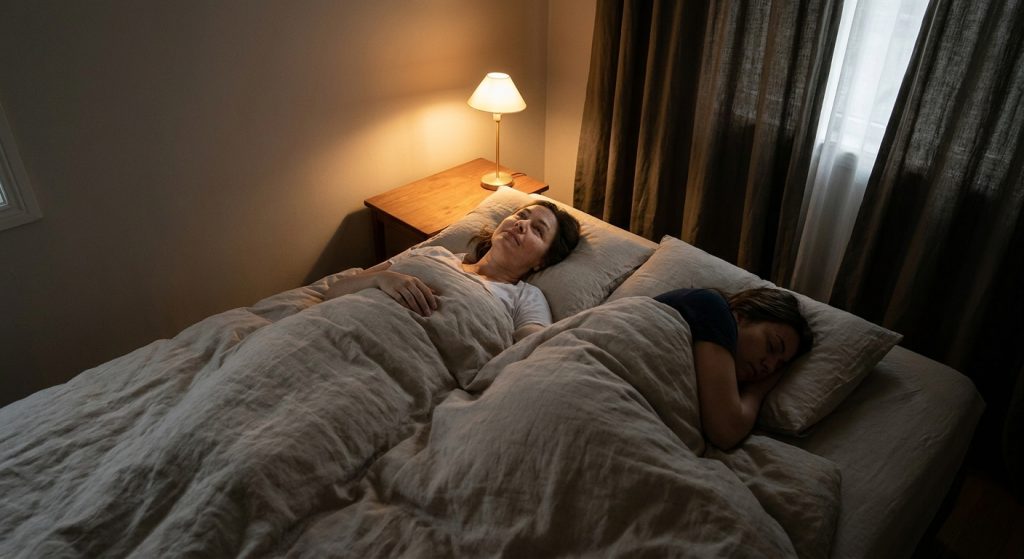 Person lying awake in a dimly lit bedroom at night, partner asleep beside them, warm bedside lamp casting soft amber light