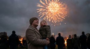 Parent and young child watching fireworks together on an autumn evening in the UK