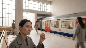 Commuter on a London Underground platform during rush hour holding earplugs, approaching tube train in background