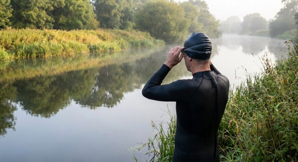 Open water swimmer adjusting goggles on an English riverbank at dawn