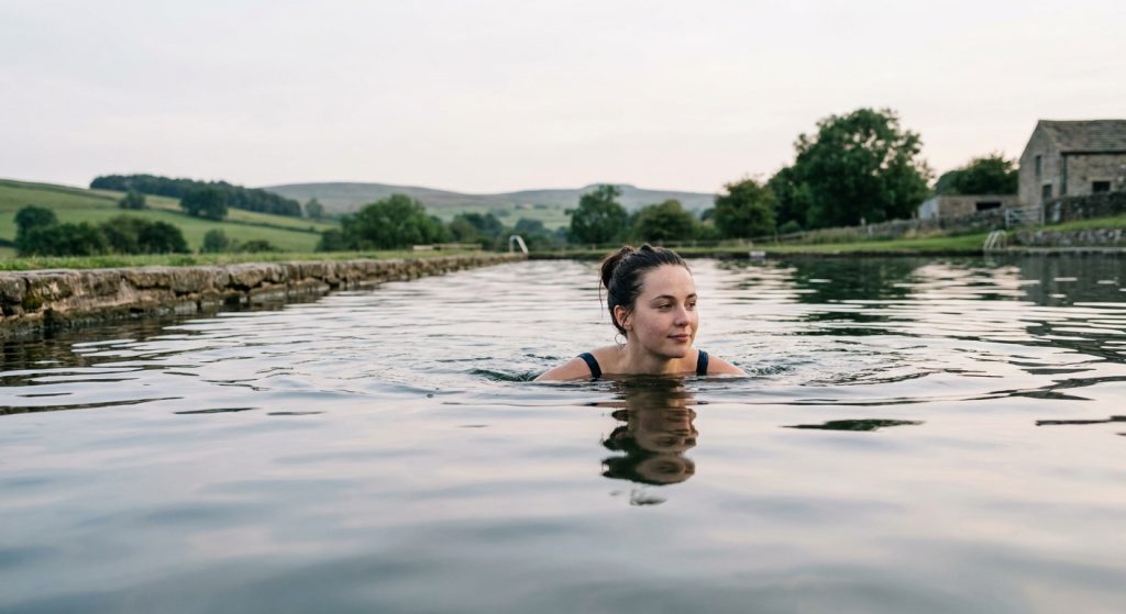 Young woman swimming in a calm outdoor lido in the English countryside, head above water, soft overcast light